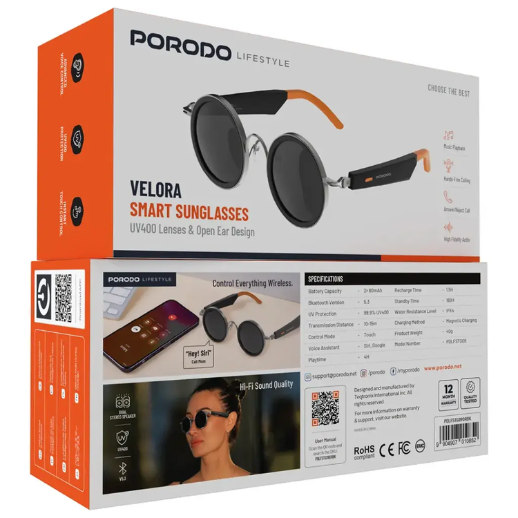 عینک هوشمند پرودو مدل Porodo Velora Smart Sunglasses PDLFSTG09OR