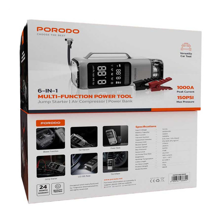جامپ استارتر،پمپ باد و دمنده مکنده پرودو Porodo 6-in-1 Multi Function Power Tool PDPBFCH091