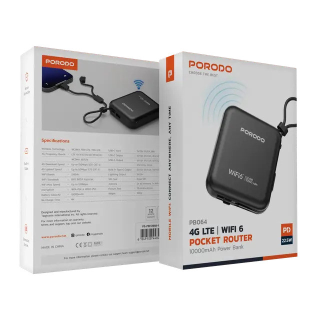 مودم همراه و پاوربانک 10000mAh پرودو مدل Porodo 4G LTE | WiFi 6 Pocket Router PD-PBFCH064