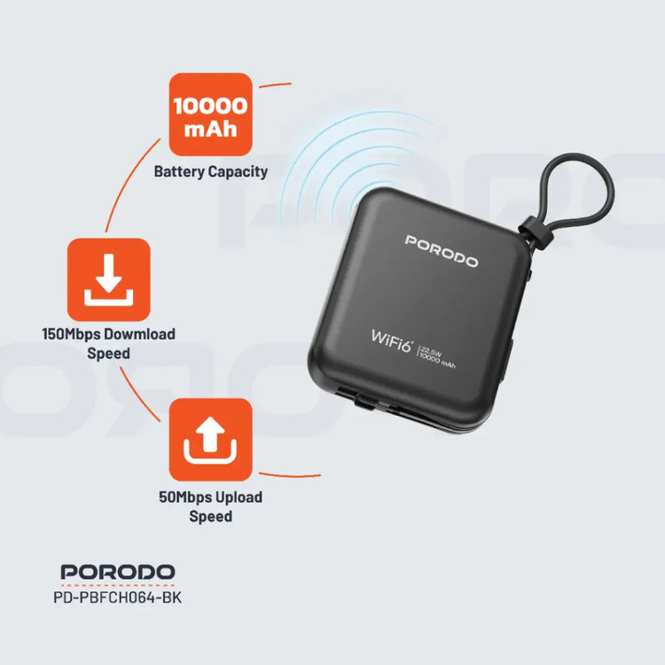 مودم همراه و پاوربانک 10000mAh پرودو مدل Porodo 4G LTE | WiFi 6 Pocket Router PD-PBFCH064