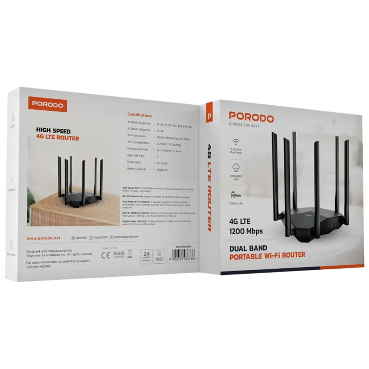 روتر بیسیم دو باند 6 آنتن 4G LTE پرودو Porodo Dual Band Portable Wi-Fi Router PDLFST207
