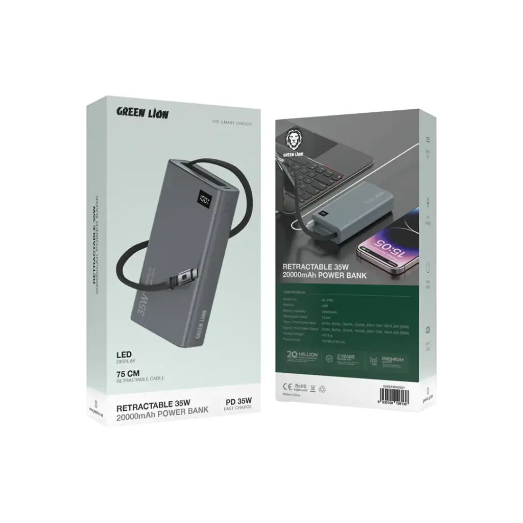 پاور بانک گرین لاین Green Lion GNRET35W20 Retractable 35W 20000mAh Power Bank