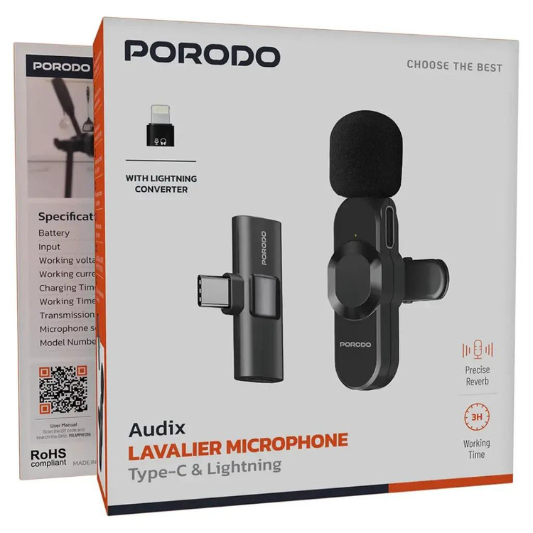 میکروفون یقه ای بی سیم پرودو مدل Porodo Audix Lavalier Microphone Type-C & Lightning PDLAMPHF2