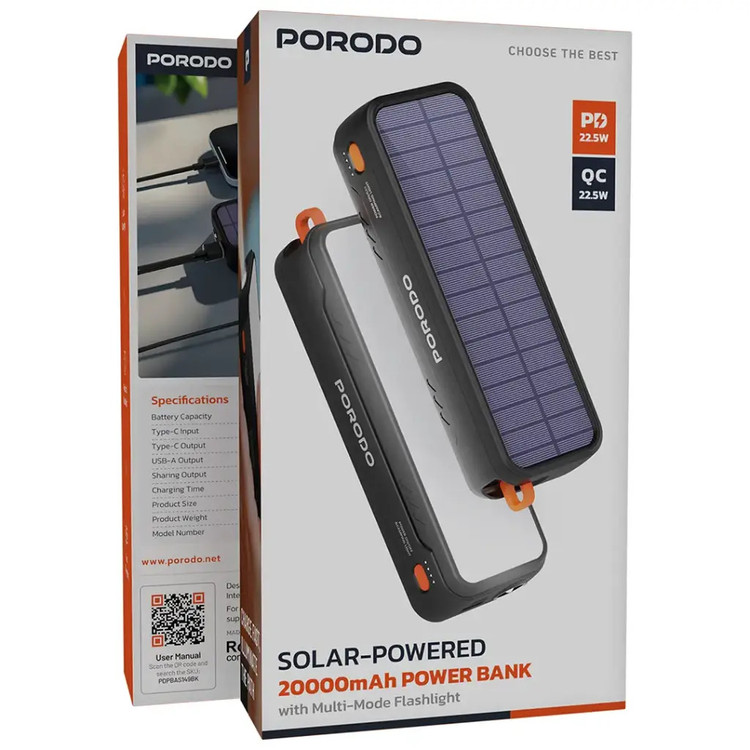 پاوربانک 20000mAh خورشیدی پرودو مدل Porodo Solar-Powered 20000mAh Power Bank PDPBAS149