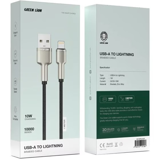 کابل شارژ Green Lion مدل USB-A به Lightning |با روکش کنفی،10وات 1متری
