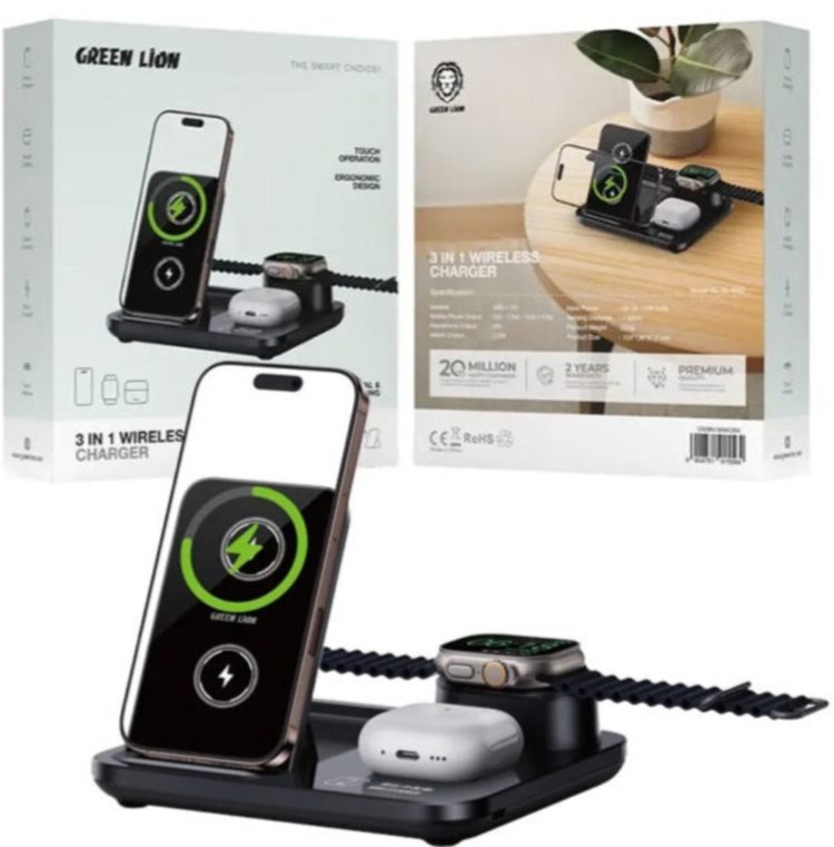 شارژر وایرلس گرین لاین مدل GN3IN1MWCBK سه کاره