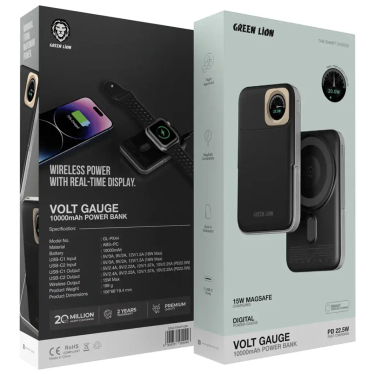 پاوربانک 22.5 وات گرین لاین مدل Volt Gauge ظرفیت 10000 میلی آمپر ساعت