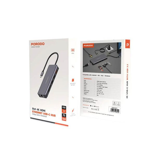 هاب USB-C پرودو مدل PD-91CHB-GY با ۹ پورت و توان ۱۰۰ وات