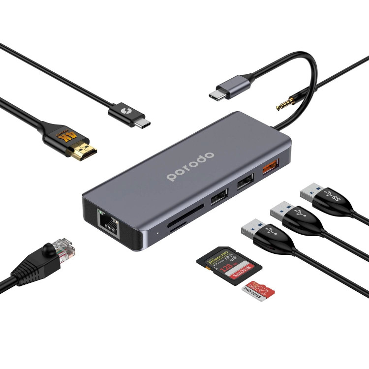 هاب USB-C پرودو مدل PD-91CHB-GY با ۹ پورت و توان ۱۰۰ وات