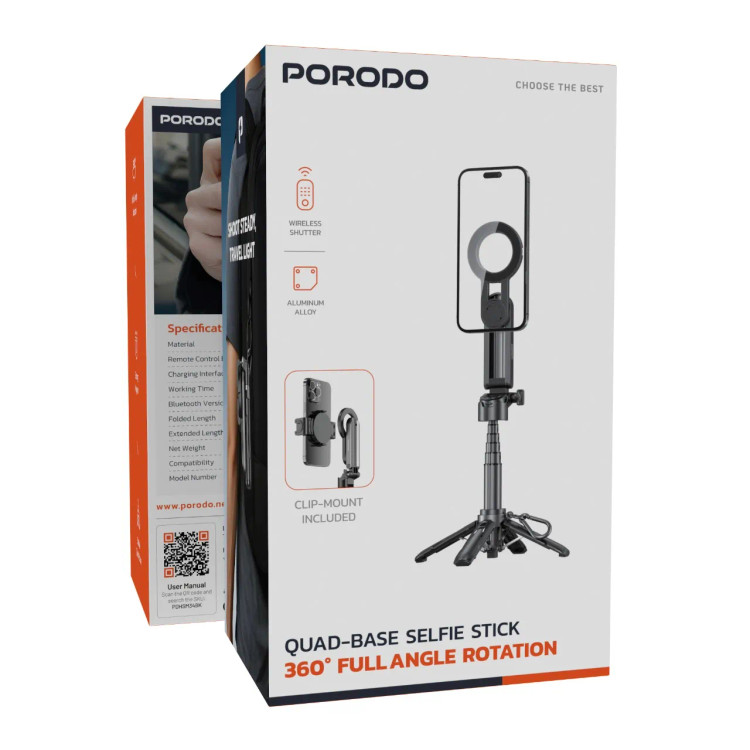 سه پایه و منوپاد مگسیف با چرخش 360 درجه پرودو(PDHSM34)Porodo Quad-Base Selfie Stick with 360° Full Angle Rotation - Black