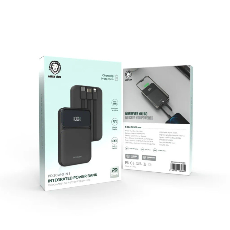 پاوربانک قابل حمل گرین لاین مدل INTEGRATED GL-PB36 ظرفیت 10000 میلی آمپر ساعت