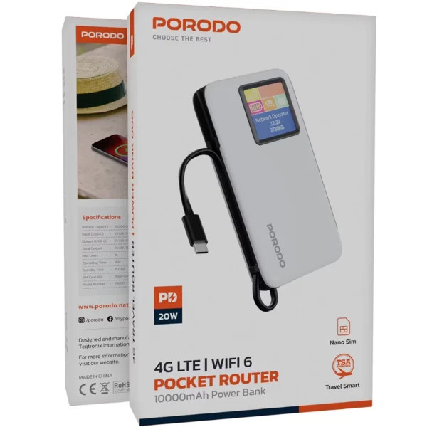 مودم همراه و پاوربانک 10000mAh پرودو مدل Porodo 4G LTE | WiFi 6 Pocket Router with Power Bank PDPBFCH087