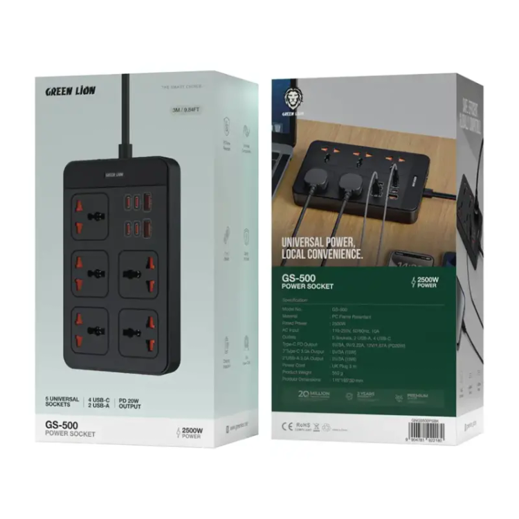 چندراهی برق گرین لاین GS500 ظرفیت ۵ عدد با کابل ۳ متر و شارژر PD