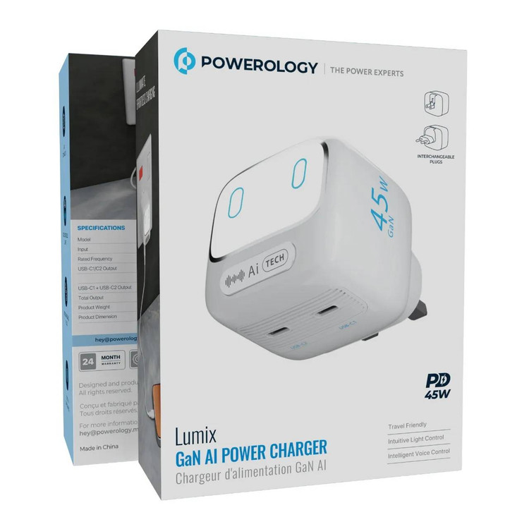 شارژر دیواری پاورولوژی مدل PWCUQC052WH ظرفیت ۴۵ وات با تکنولوژی گان