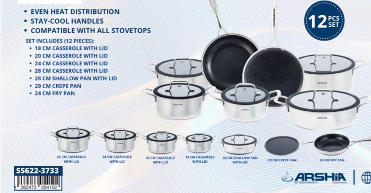سرویس قابلمه عرشیا مدل SS622-3733 ۱۲ پارچه استیل کف لیزری