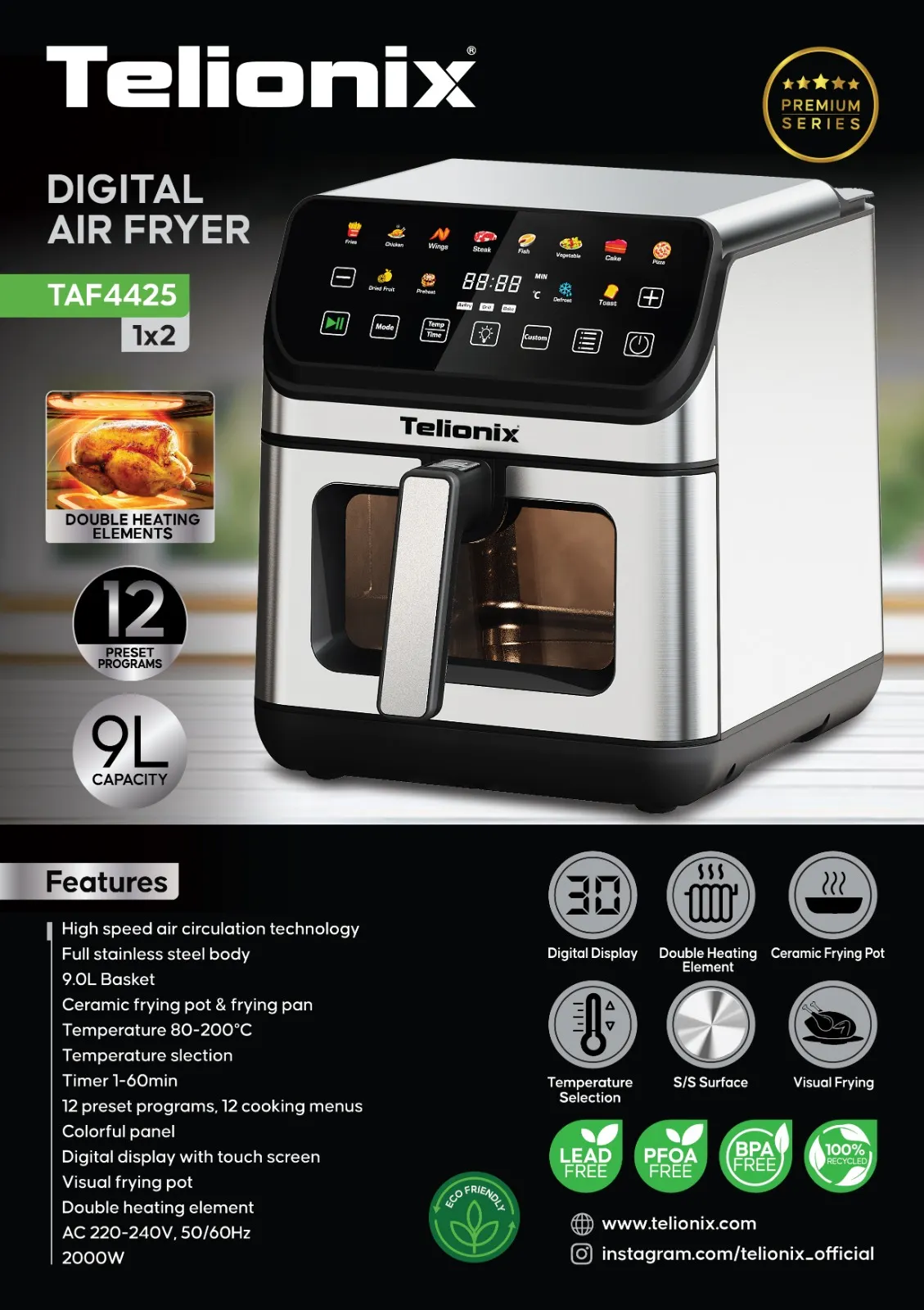 سرخ کن بدون روغن تلیونیکس مدل TAF-4425 ظرفیت 9 لیتری