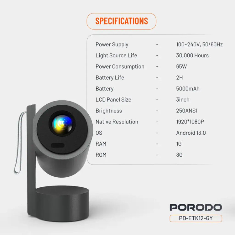 ویدیو پروژکتور پرودو مدل SMART PROJECTOR کیفیت FULL HD قابل حمل