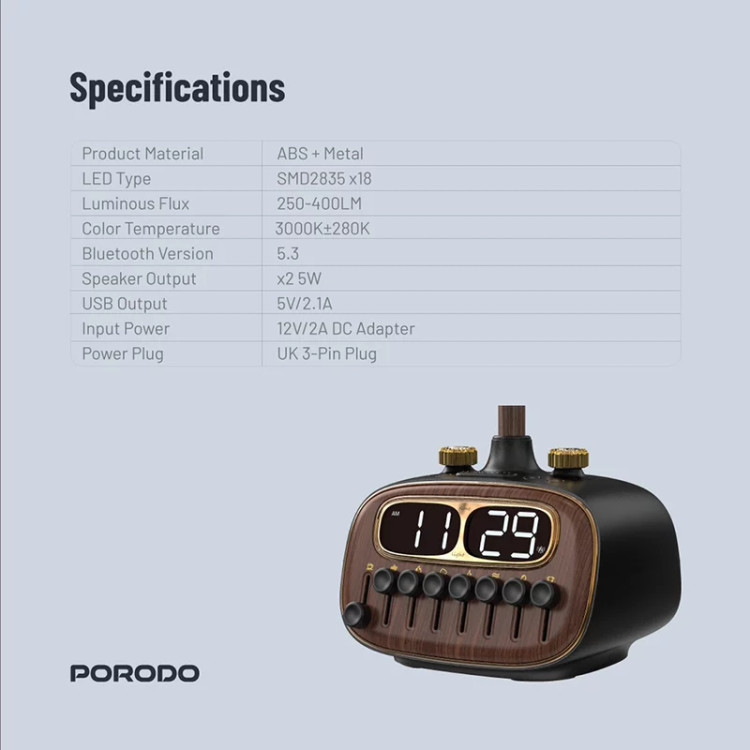 آباژور رومیزی و اسپیکر بلوتوث پرودو Porodo Retro Desk Lamp PD-RDBTSCP