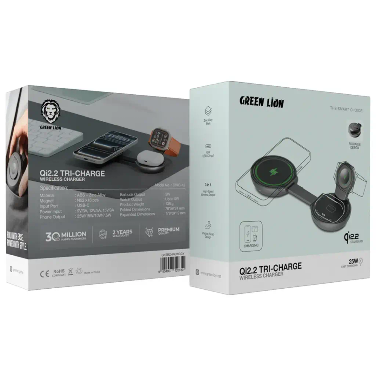 شارژر وایرلس مگنتی تاشو Green Lion Qi2.2 Tri-Charge توان 25 وات