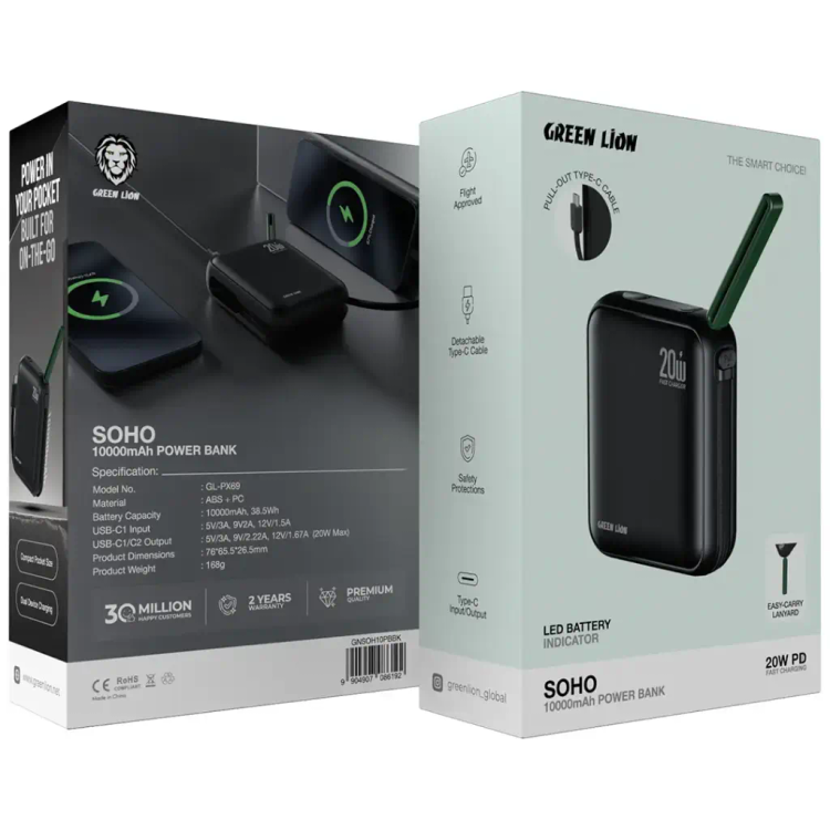 پاور بانک گرین لاین مدل Soho ظرفیت 10000 میلی آمپر ساعت green lion soho 10000