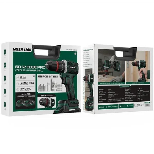دریل چکشی شارژی گرین لاین مدل GD-12 Edge Pro | موتور براشلس و ست ۶۹ تکه متعلقات